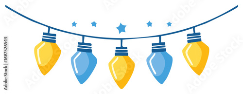 Festive string of blue and yellow Christmas lights with stars decoration