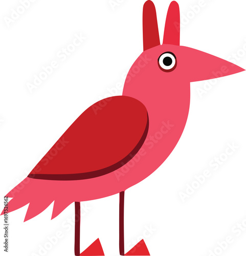 Whimsical pink and red cartoon bird with long beak and antennae fun character design for children's content and creative projects
