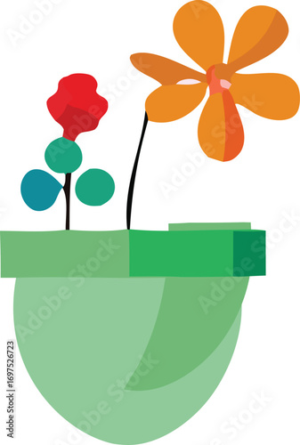Charming hand-painted style flowers in a green pot brighten your day with floral beauty and garden delights