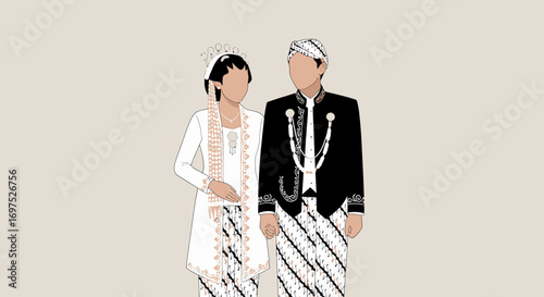 Traditional Javanese Wedding Couple in Formal Attire, Standing Together, Illustrated.