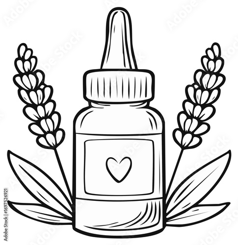 Illustration of a dropper bottle with lavender flowers and heart symbol, a design for wellness and self-care.