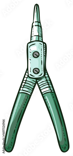 Hand drawn cartoon illustration of green snap ring pliers a workshop repair tool