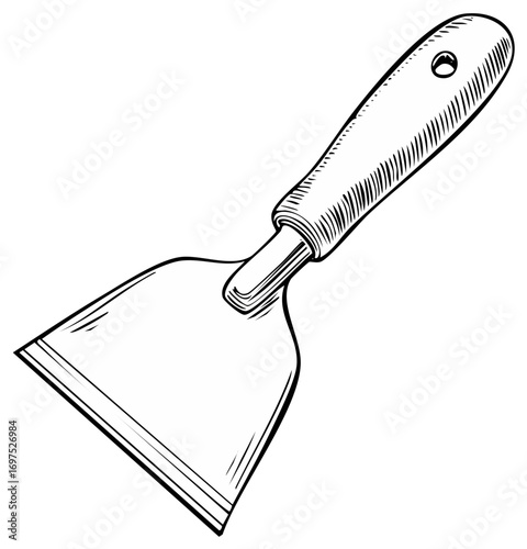 Black and white drawing of a chisel scraper tool with a handle for scraping surfaces