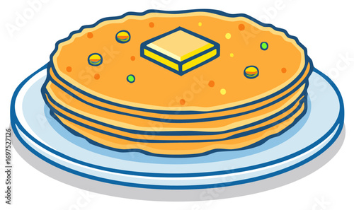 Stack of delicious golden pancakes topped with melting butter and blueberries served on a plate