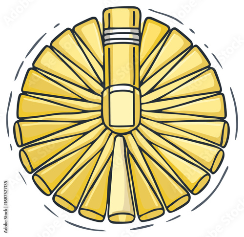 Cartoon illustration of a yellow duster or cleaning tool arranged in radial pattern.