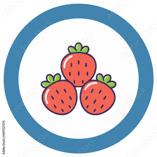 Delicious red strawberries illustration inside a blue circle, a fresh fruit design