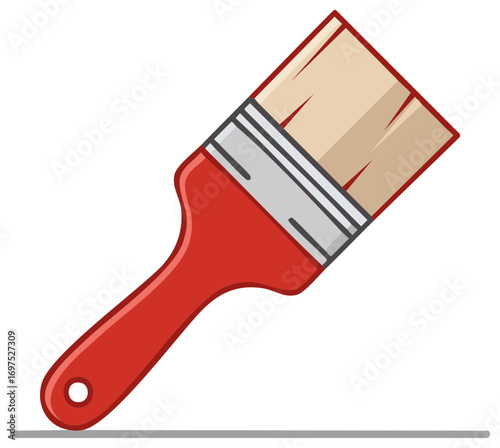 Red paintbrush illustration with a tan brush head, isolated on white, for construction or art.