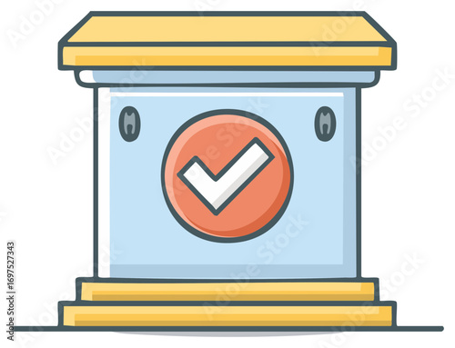 Stylized podium with a large checkmark on a blue pedestal and yellow accents