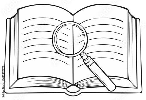 Magnifying glass on open book pages for search and study vector outline