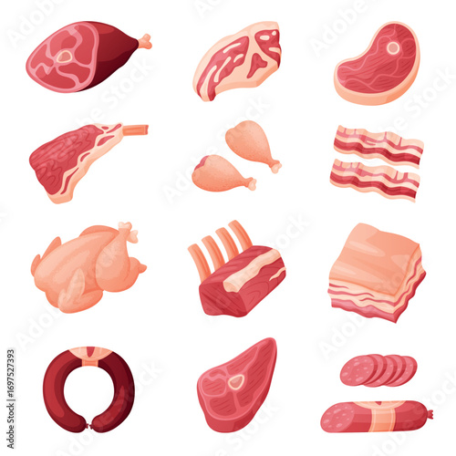 Meat Product and Food Item from Butchery Shop Vector Set