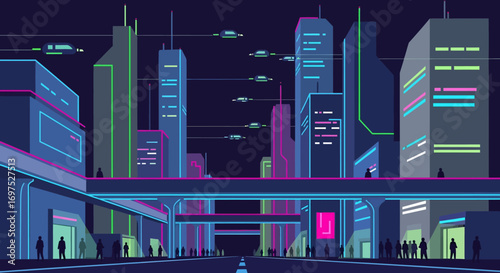 Vibrant futuristic city skyline at night, illuminated with glowing neon lights and flying vehicles.