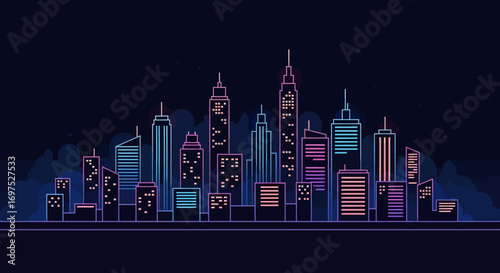 Vibrant neon outline cityscape at night, featuring glowing modern skyscrapers and urban architecture.