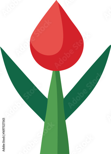 Vibrant red tulip bloom with green leaves simple flat design flower graphic for spring and floral themes