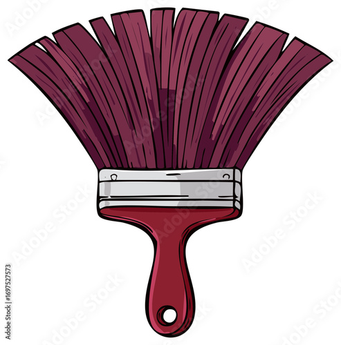 A single crimson paint brush with a fan-shaped brush head and a red handle