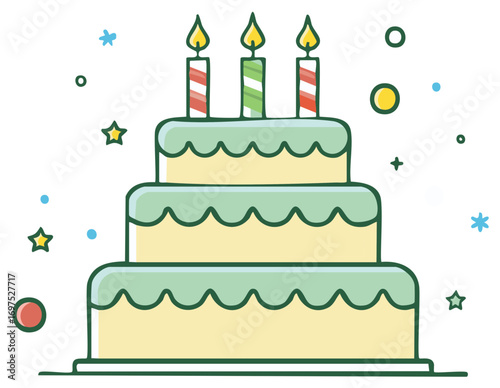 Festive three-tiered birthday cake with lit candles and confetti illustration