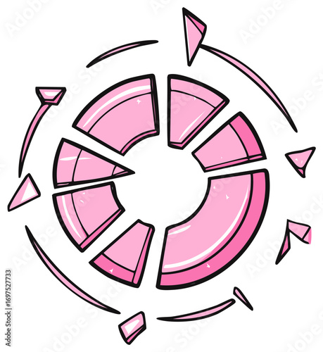 Pink circular object shattering into numerous sharp pieces and fragments with dynamic motion illustration