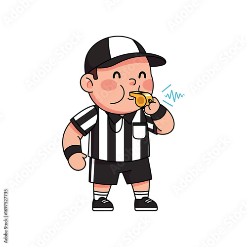 Cartoon referee blowing whistle, signaling a play or decision, with sound waves.