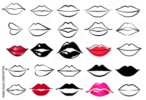 Woman's lip gestures icon vector set. Girl mouths close up expressing different emotions illustration sign collection. Kiss symbol.