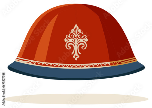 Traditional red and blue headdress with ornate white motif and decorative band