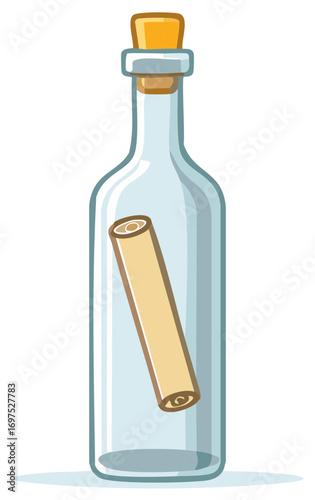 Message in a bottle with cork stopper and rolled scroll inside clear glass container