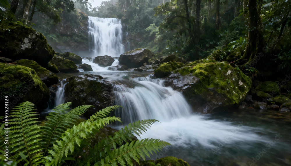 Fototapeta premium Lush rainforest waterfall with silky cascades and mossy rocks