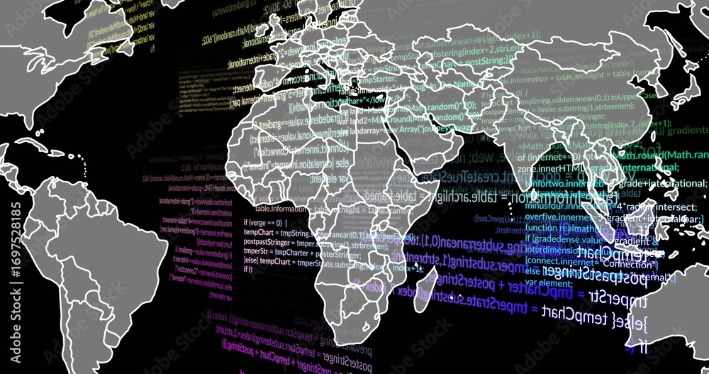 Naklejka premium Displaying world map outline overlaid with neon code snippets on dark canvas, data-visualization