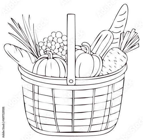 Outline drawing basket full of fresh vegetables, pumpkins, bread and grapes