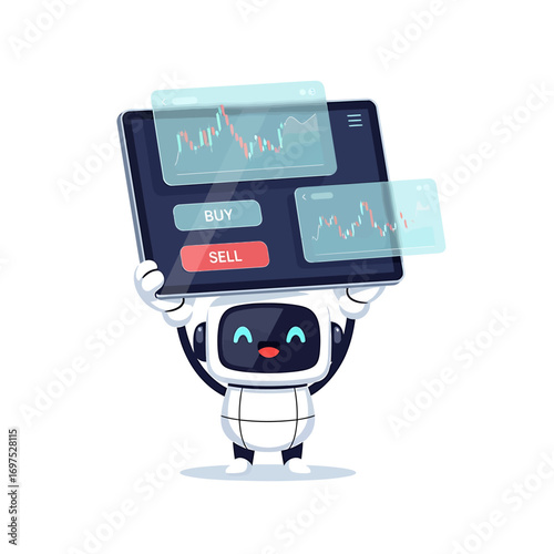 Cute robot holding a tablet displaying stock market graphs and buy/sell buttons.