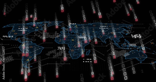 Displaying world map in data, binary streams network links hex grid and triangular warning icons