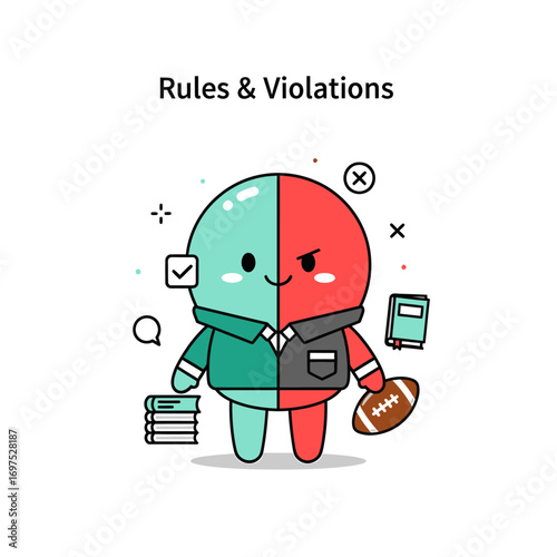 A dual-natured character representing rules and violations, illustrated with books and a football.