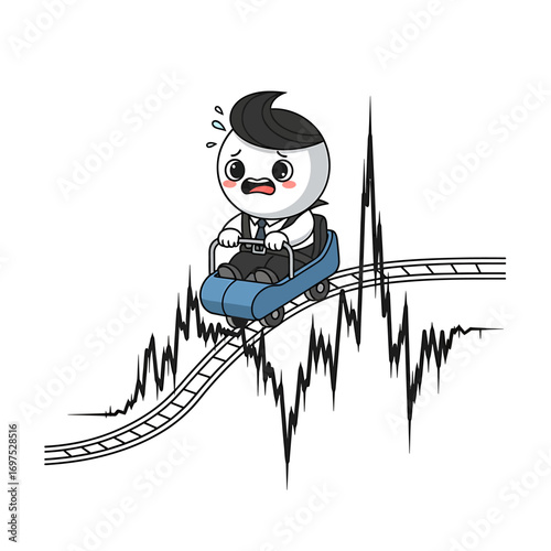 A scared cartoon businessman rides a volatile stock market chart that looks like a roller coaster.
