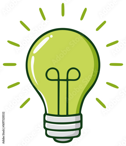 Bright idea light bulb glowing green emitting rays of inspiration and innovation