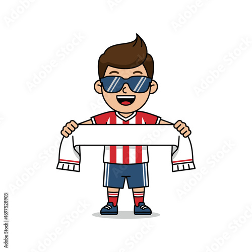 Cartoon boy with sunglasses holding a blank scarf, wearing a red and white striped shirt.