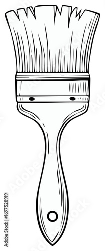 Monochromatic illustration of a paint brush with textured bristles and a teardrop handle.