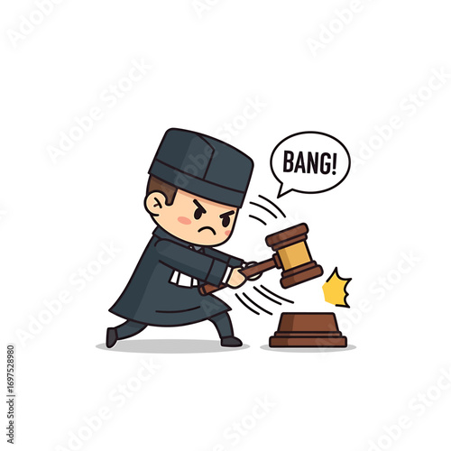 A cute cartoon judge character in a black robe and hat angrily bangs his gavel on a sound block.
