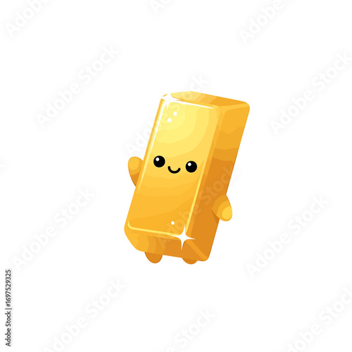 An adorable, shiny gold bar character with a friendly face and tiny waving arms, floating on a white background.