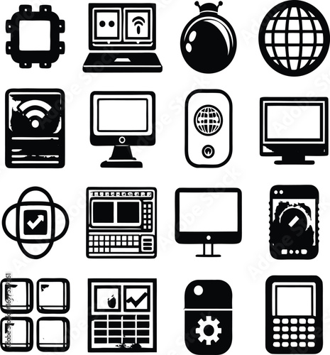 Collection of technology and communication icons diverse digital devices gadgets networking symbols user interface elements for digital graphics
