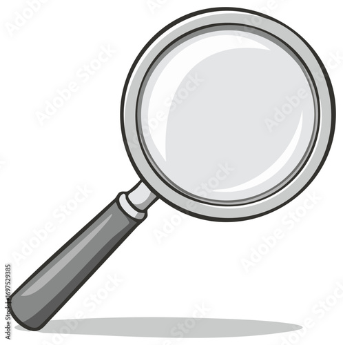 Magnifying glass with gray handle, cartoon style illustration for investigation and search concepts.