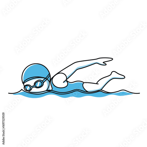 A stylized illustration of a person swimming the freestyle stroke in blue water.