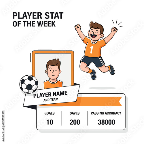 Cartoon soccer player celebrating success, displayed on a player stat graphic with information.