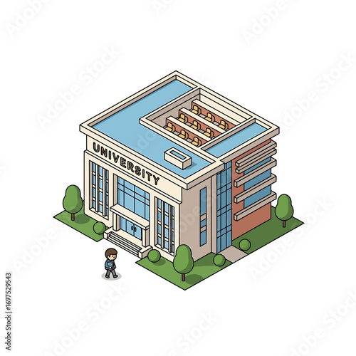 Isometric pixel art illustration of a university building with a student walking towards the entrance, surrounded by green grass and trees.