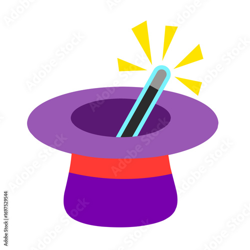 Colorful vector illustration of a magician’s hat with a magic wand creating a sparkle effect. perfect for fantasy, entertainment, and magical concepts.