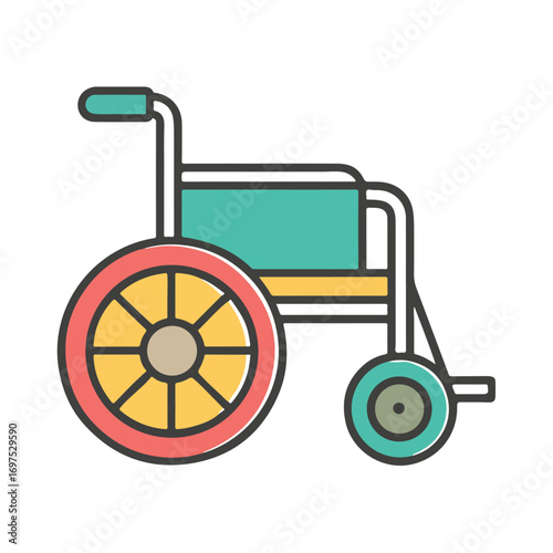 A colorful flat illustration of a wheelchair, symbolizing mobility, disability, and healthcare assistance, isolated on a white background