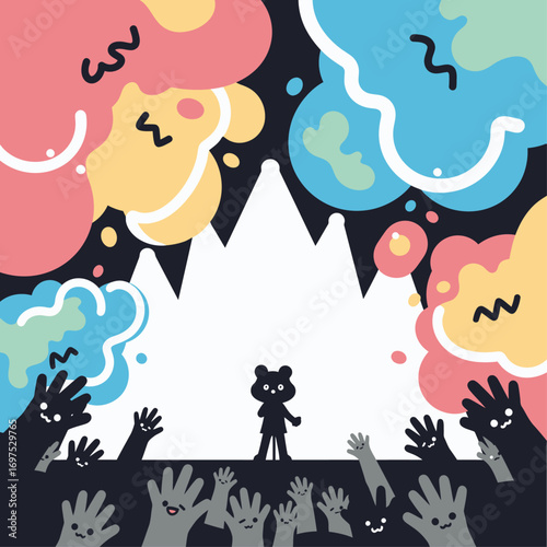 A cheerful bear performs on stage amidst a vibrant explosion of colorful paint splatters and enthusiastic, cheering hands.