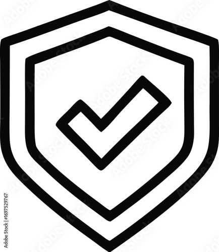 Secure shield with checkmark icon symbol representing safety security protection approval verification and success in a clean outline design