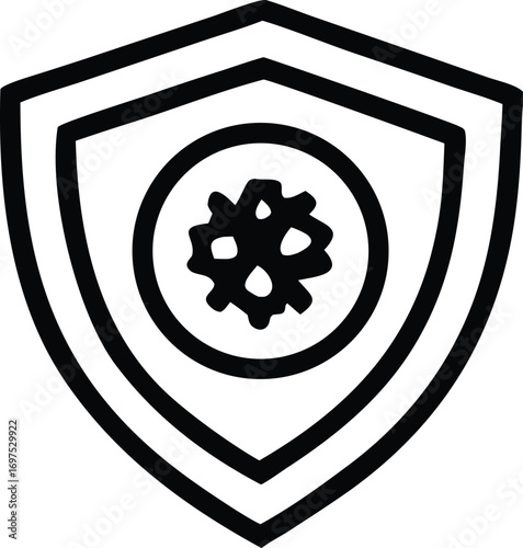 Shield icon with coronavirus symbol inside symbolizing protection against disease outbreak and health security