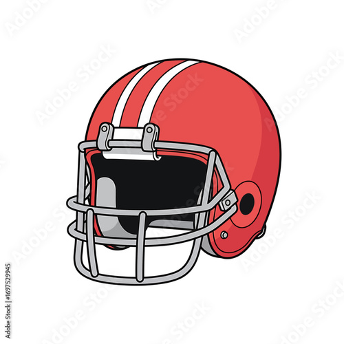 A red American football helmet with white stripes and a protective face mask, isolated on a white background, ready for game day action.