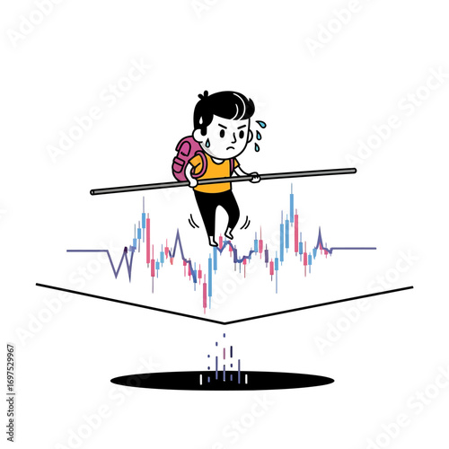 An anxious cartoon man carefully balances on a tightrope above a volatile financial market chart, symbolizing risk and uncertainty.