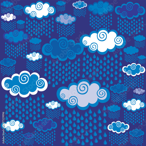 Rain drops and clouds seamless pattern. Vector Illustration