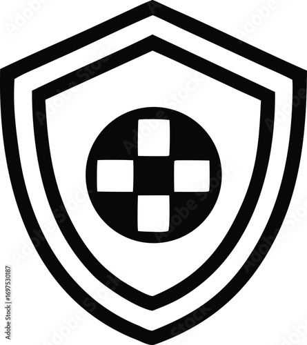 Bold black shield emblem featuring a circular target with crosshair symbol ideal for security safety or healthcare concepts